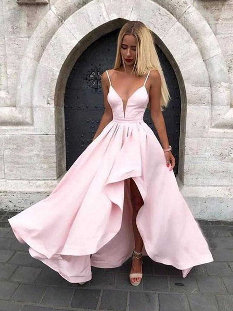 V Neck Pink High Low Prom Dresses, V ...